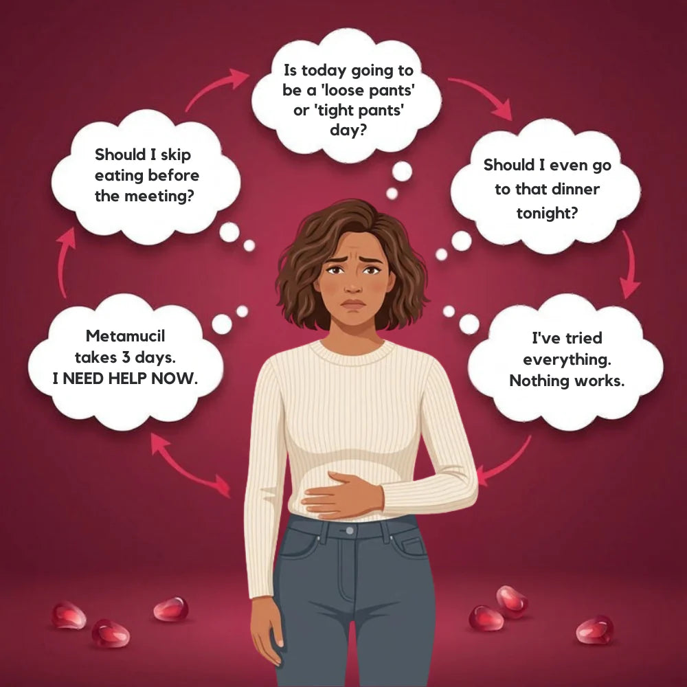 Illustration of a woman dealing with gastrointestinal issues, shown with thought bubbles and a red background.