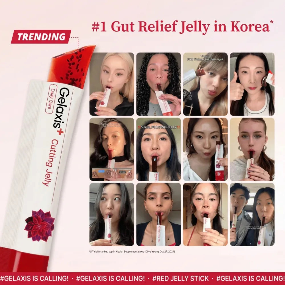 Promotional image of a jelly stick with multiple people using it, highlighting its popularity in Korea.